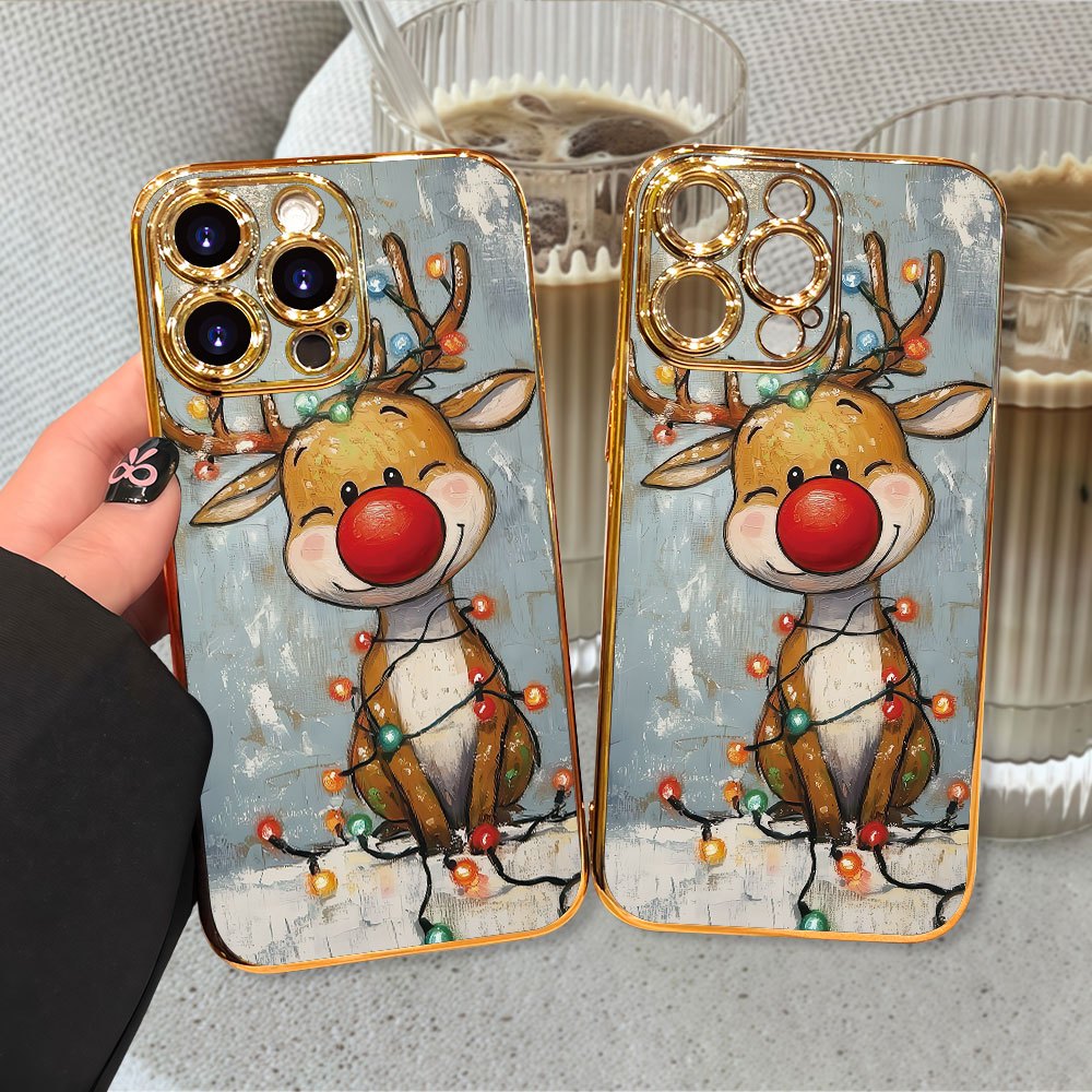 Festive hand-painted reindeer with colorful lights, warm winter vibe | PC hard case | Premium electroplating, lightweight design, comfortable grip highlights personality | Compatible with iPhone 17/ 16/ 15/ 14/ 13/ 12/ 11 Pro