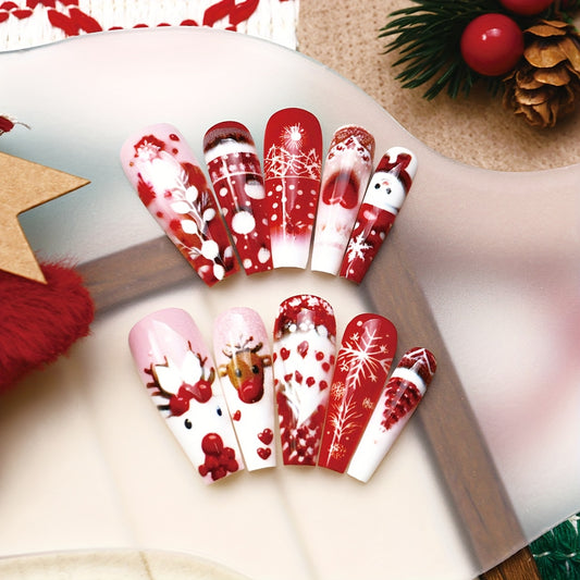 Christmas Holiday 24pcs Long Coffin Shape Press-On Nails Set - Glossy Finish, Mixed Color Nail Art Kit - Snowman, Snowflakes, Reindeer, Fireworks, Christmas Tree & Heart Patterns for Women