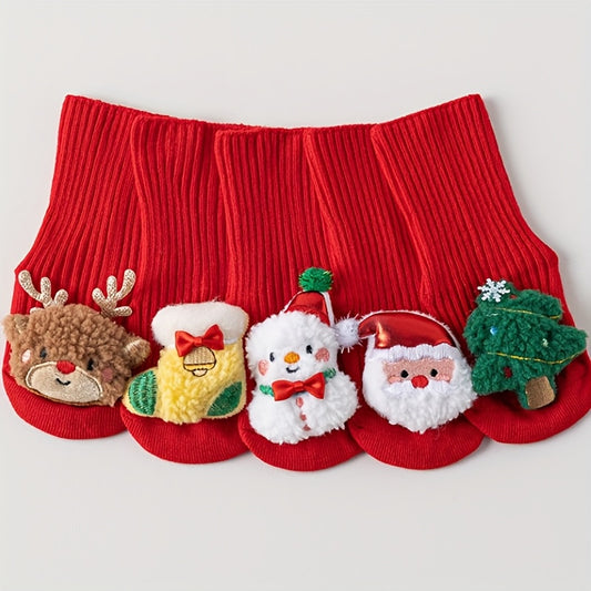 Girls' Christmas Socks, Cute Santa Reindeer Snowman & Snowflake Holiday Party Outfits, Soft Stretchy Knit-like Texture, Festive Gift for Youngsters, 1-Pair, All-Season Indoor/Outdoor Wear, Hand Washable