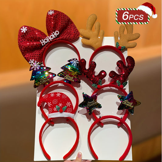 6pcs Women's Fashion Elegant Cute Christmas Hair Accessories, Sparkly Reindeer Antler Bow Headband, Christmas Decor, Party Cosplay, Women's Hair Ornaments, Christmas Gift, Christmas Decorations, Holiday Party Accessories, Spa