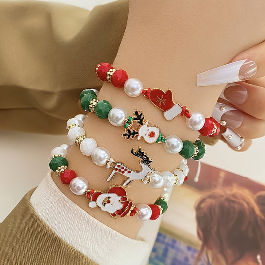 Christmas Charm Bracelet Set of 4 - Cute Holiday Santa, Reindeer, Glove Pendant - Daily Wear Fashion Jewelry - Perfect for Christmas Gift-Giving - Soft Clay Material - All Seasons Compatible