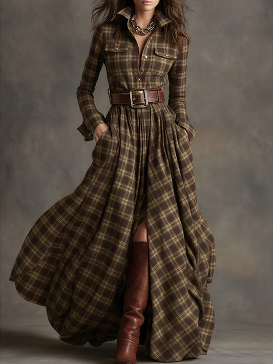 Vintage Plaid Waist-Defining Shirt Dress for Women | Retro Commuter Style with, Suitable for Workplace Commutes, Casual Outings, and More