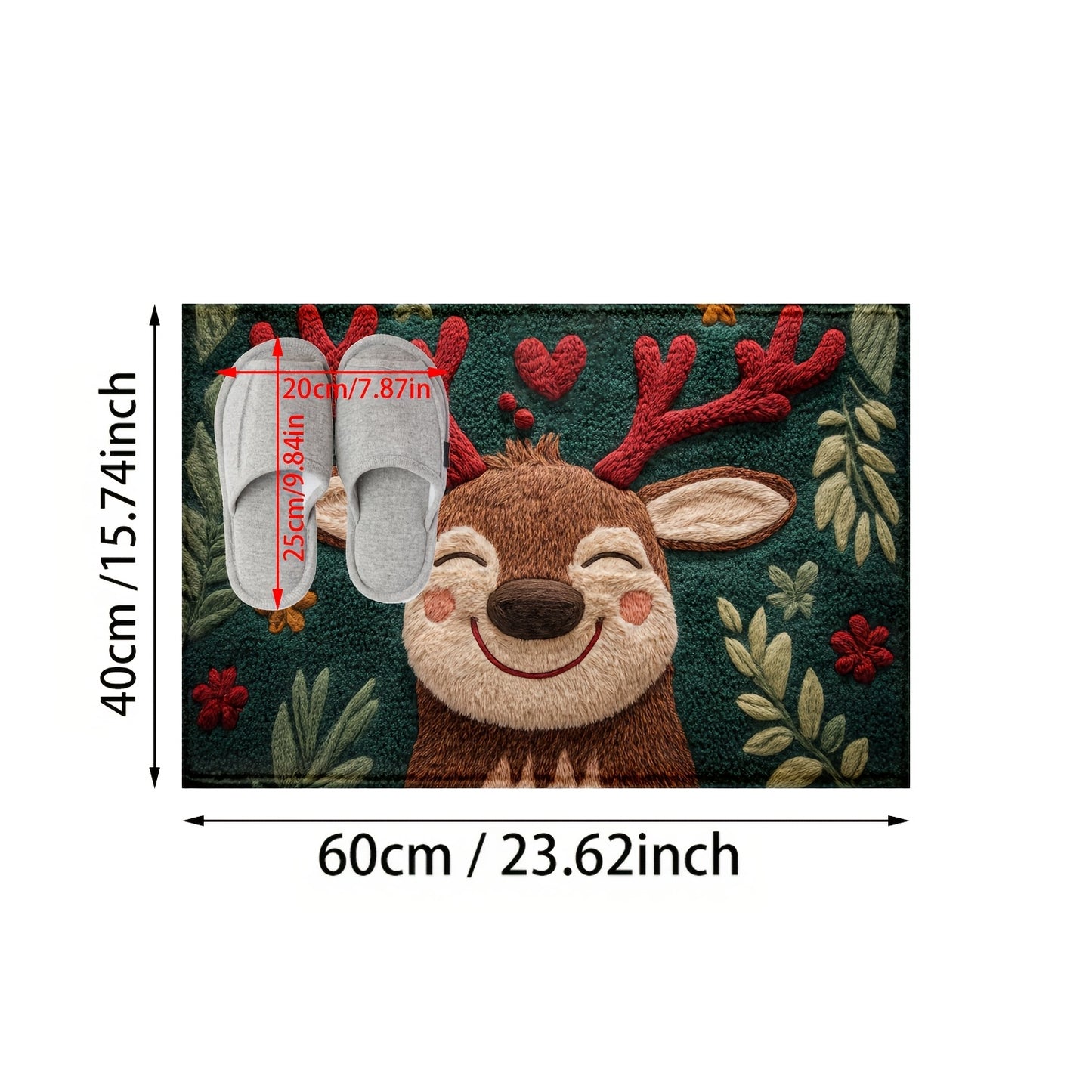 Fluffy Christmas Deer Microfiber Bath Mat - Quick-Dry & Absorbent, Festive Holiday Design with Red Berries & Green Leaves, Perfect for Kitchen & Bathroom Decor, Machine Washable, Christmas Bathroom Decor