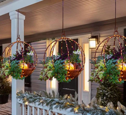 Artificial Christmas Hanging Basket Flocked with Mixed Decorations and LED Lights Hanging Ornament Xmas Home Decor In Stock