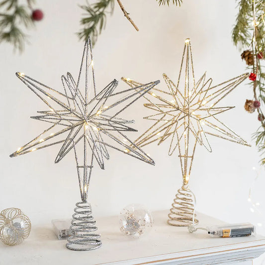 Christmas Tree Toppers Star With LED String Lights Ornaments For Christmas Home Party Decoration Festival Party New Year