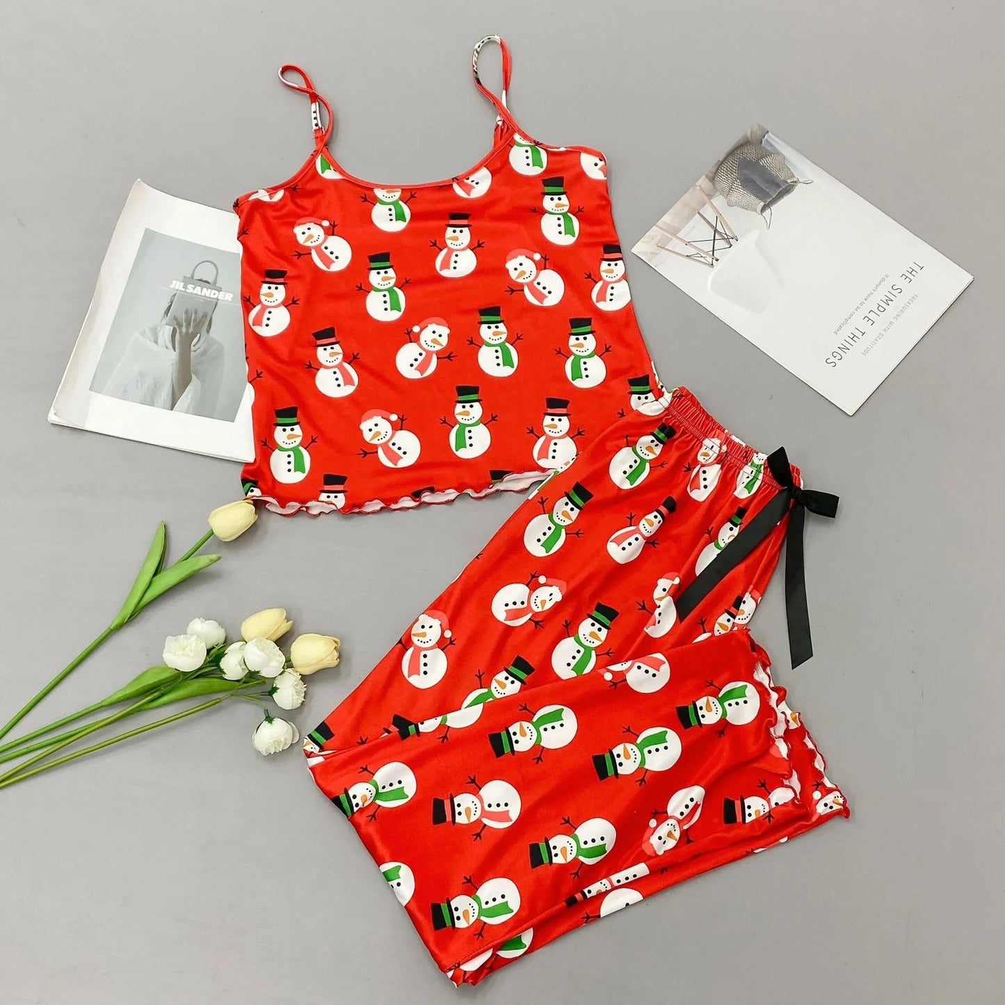 Women Christmas Pajamas Set Sleepwear Nightwear 2 Piece Santa Claus Snow Man Printed Crop Tops and Pants Sets Homewear