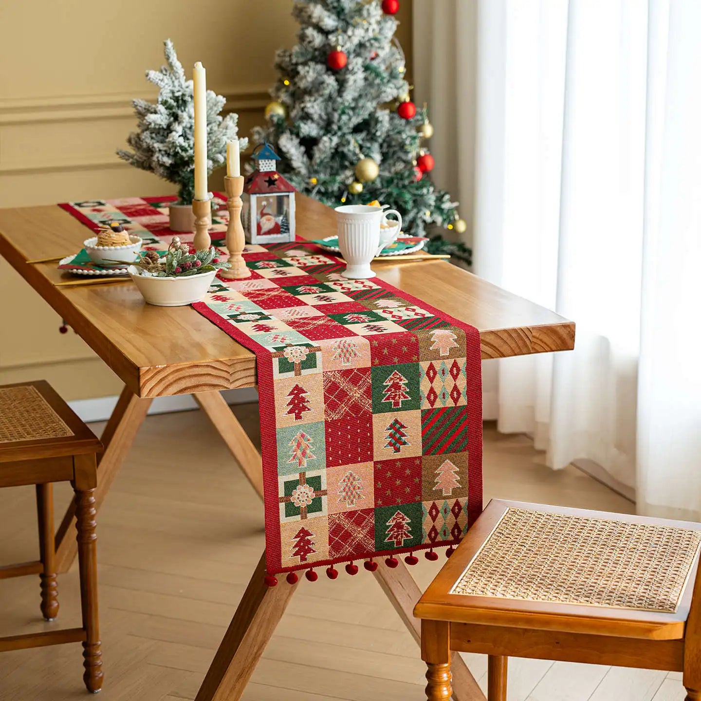 Retro Christmas Cotton and Linen Jacquard Table Runner Santa Claus Jacquard Long Table Runners Tv Cabinet Tablecloth Party Decor
