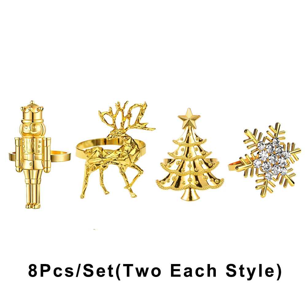 8Pcs Christmas Napkin Rings Set Nutcracker Soldier Elk Xmas Tree Snowflake Napkin Holders for New Year 2025 Party Table Decor