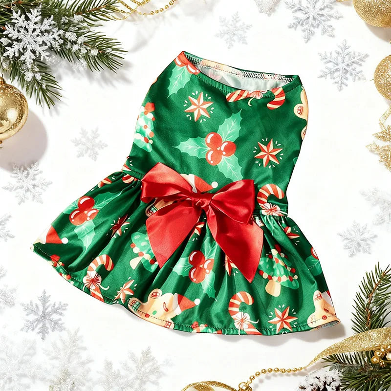Christmas Dog Dress with Bow, Festive Printed Pet Skirt, Lightweight Holiday Outfit, Sizes M–6XL for Small to Large Dogs