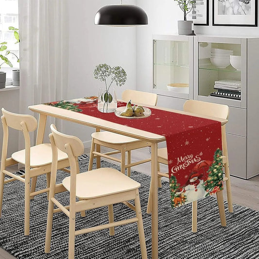 Festive Christmas table flag: Snowman, Reindeer & Decorated Trees New Year home party decoration