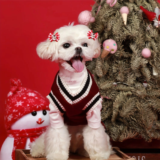 Christmas Pet Hair Bows, 5Pcs Random Style Dog Hair Clips with Santa Snowman Prints, Festive Pet Grooming ,Small Dog and cat