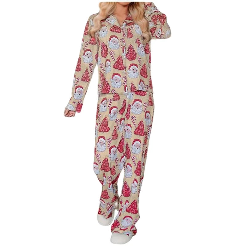 Womens Christmas 2Piece Pajamas Loungewear Set Santa/Tree/House Print Long Sleeve Tops+Elastic Pants Homewear Outfits