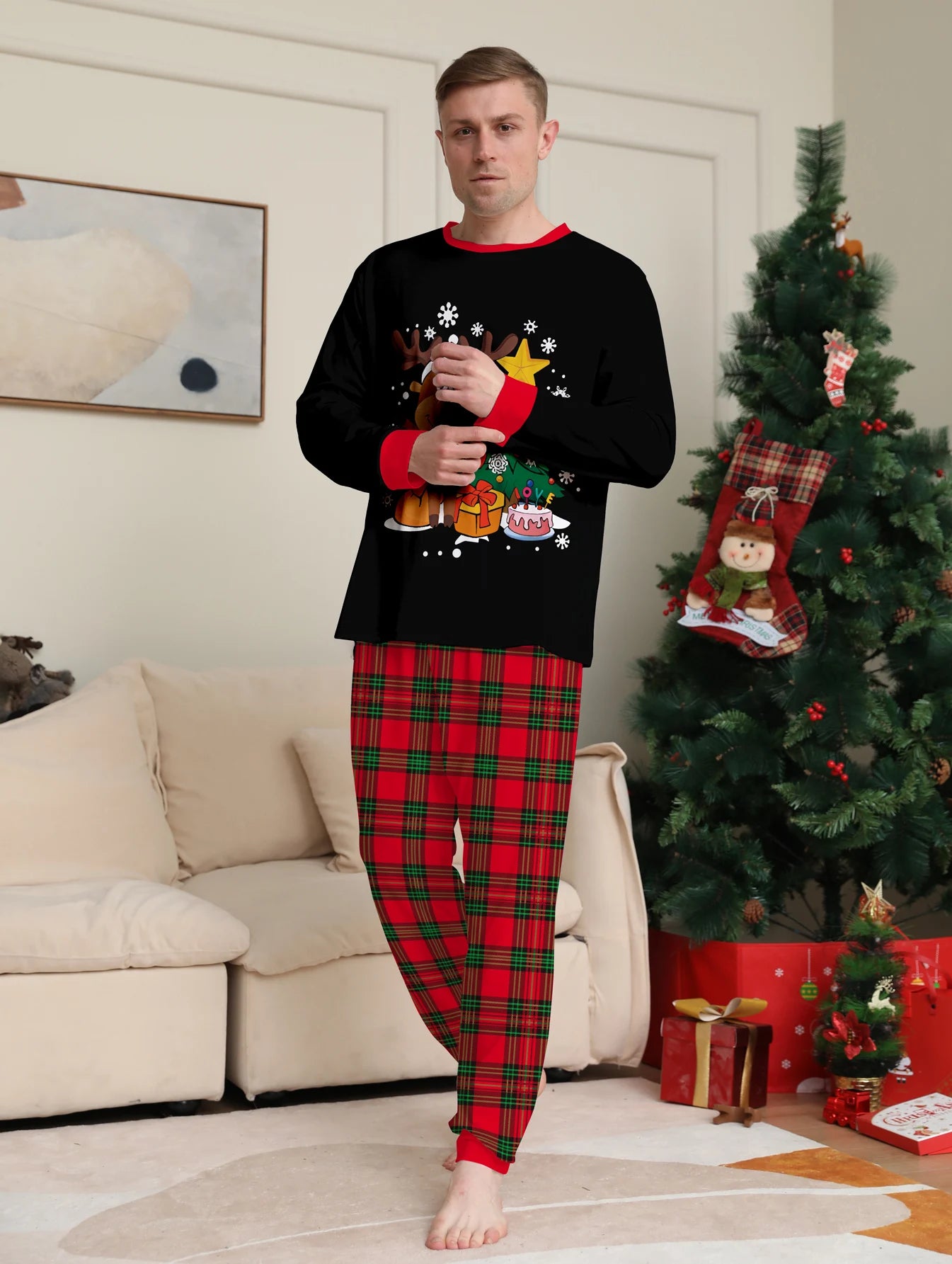 Christmas Couple Pajamas Set: Black Tops with Reindeer, Tree & Gift Print, Red - Green Plaid Pants