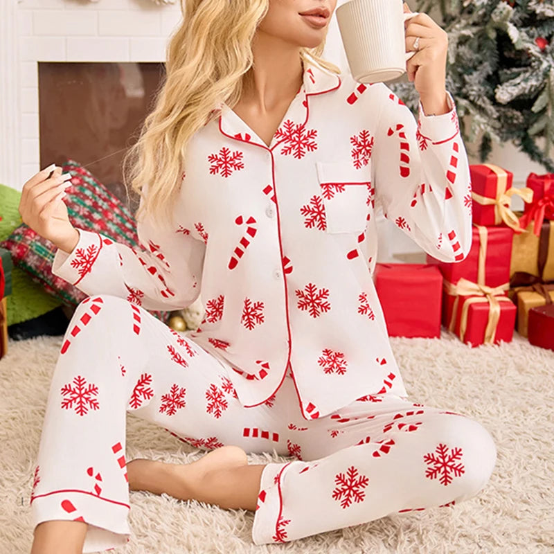 Meet'r New Year Christmas Long Sleeved Long Pants Home Clothes Underwear Snowflake print Pajamas Ladies' Comfortable Pajamas