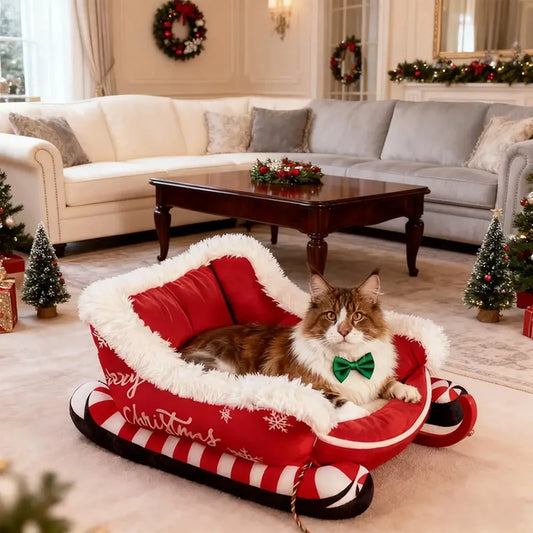 Christmas Sleigh Bed Removable Washable Plush Pet Warm Sofa with Non-Slip Base Christmas Cat Dog Nest for Winter Indoor Outdoor
