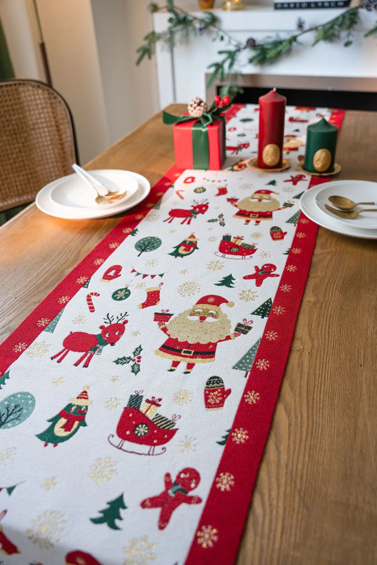 Christmas Jacquard Table Runner with Tassel Santa Claus Table Cover For Home Festival Party Table Decoration TV Cabinet Cover
