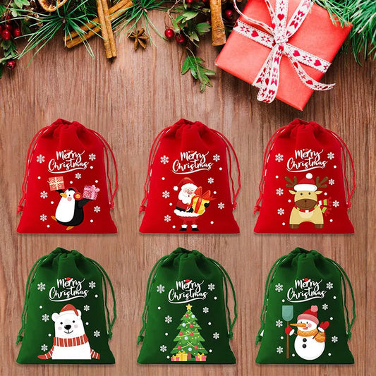 1/6/30pcs Christmas Velvet Drawstring Candy Gift Bag Small Wrapping Bag for Present Party Biscuit Jewelry Pouch New Year Storage
