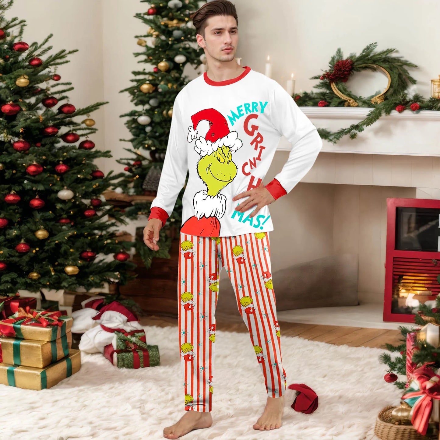  Family Christmas Cartoon Print Pajamas Set, Cozy Holiday Pjs For Photo Shoots & Christmas Morning, Festive Family Sleepwear