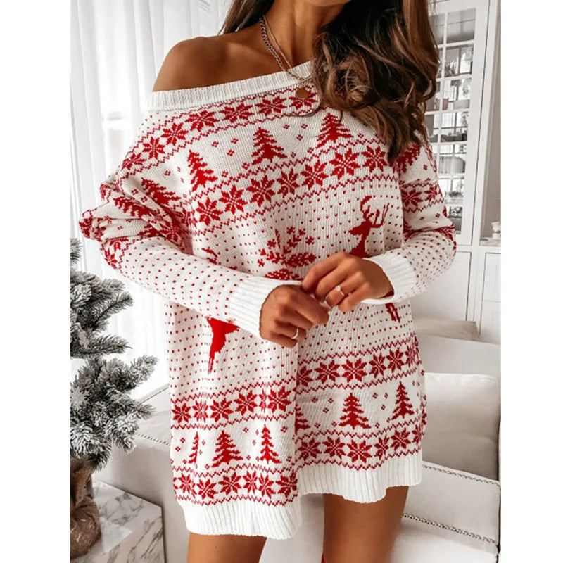 Christmas Fashion Print Knitted Slanted Neck Sweater Long Sleeve Autumn And Winter Versatile Long Pullover Pull En Maille Femme