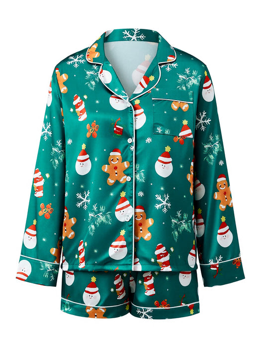 Women 2 Piece Christmas Pajama Set Printed Long Sleeve Button-up Tops and Elastic Waist Shorts