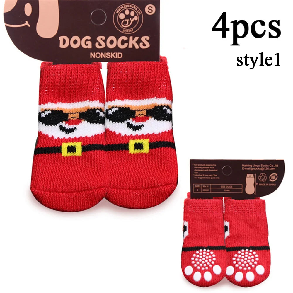 4pcs/set Winter Dog Socks Cute Pattern Foot Covers Warm Anti Slip Shoes Puppy Paw Protector Christmas Gift for Puppy Cat Dogs