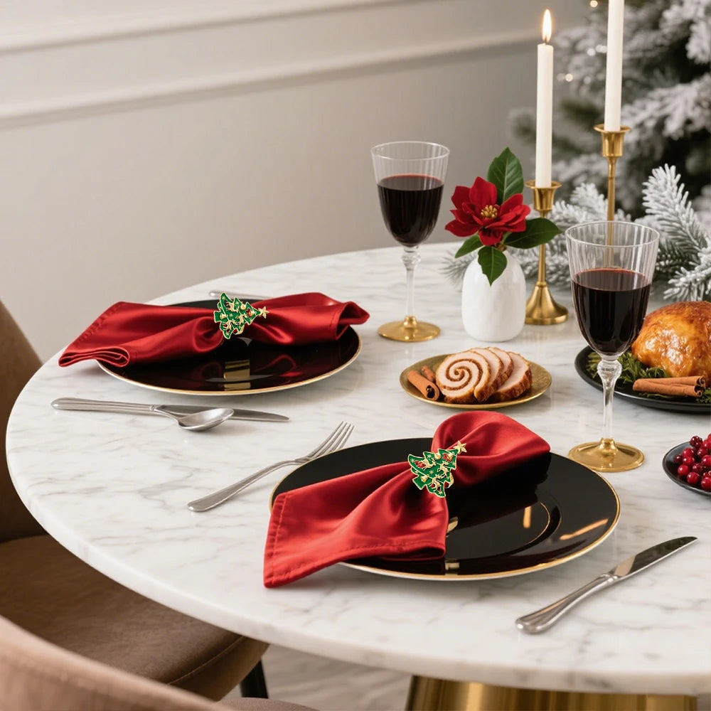 6Pcs Christmas Tree Napkin Rings with Deer Snowflake Bell ,Festive Table Decor for New Year Wedding Family Dinner Party Supplies