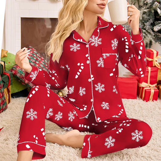 Meet'r New Year Christmas Long Sleeved Long Pants Home Clothes Underwear Snowflake print Pajamas Ladies' Comfortable Pajamas