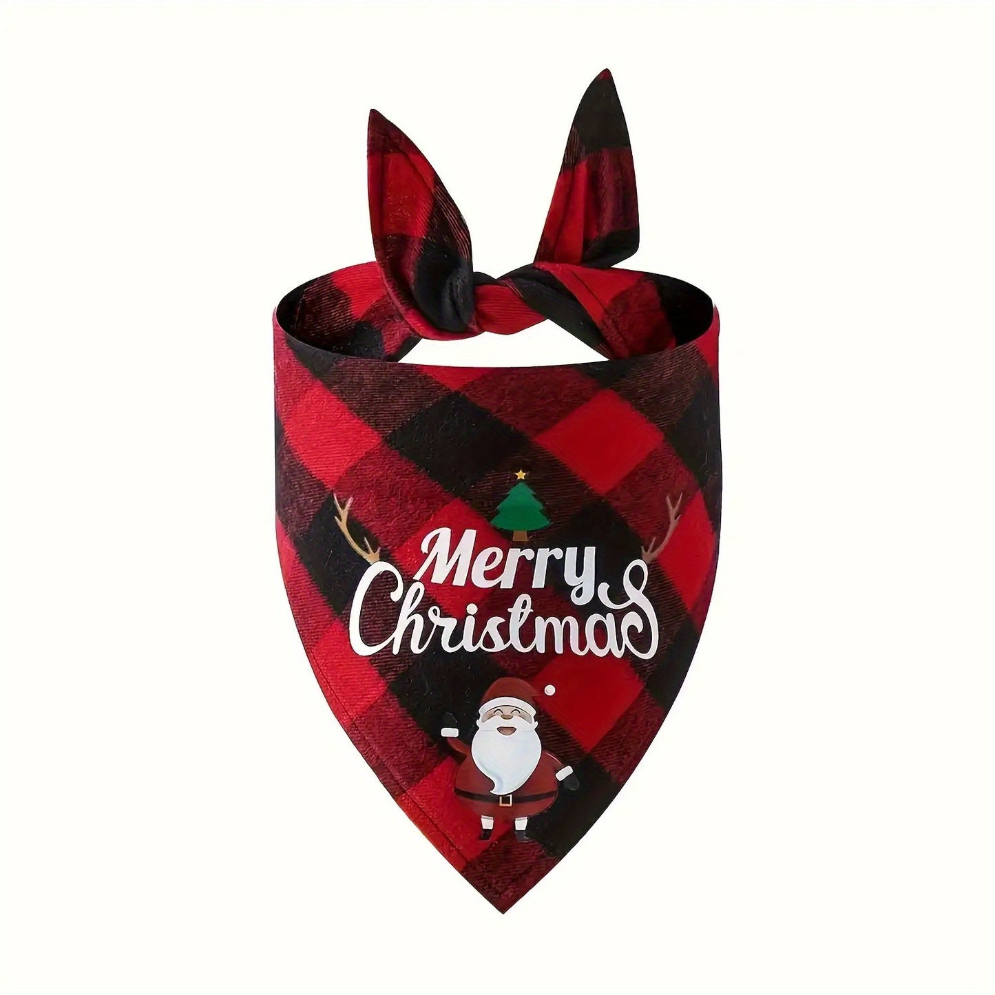 Christmas Dog Bandana- Santa Print& "Merry Christmas" Plaid Bib for Small/Medium Dogs- Adjustable Holiday Party Accessory- Festive Cozy Fit Pet Scarf