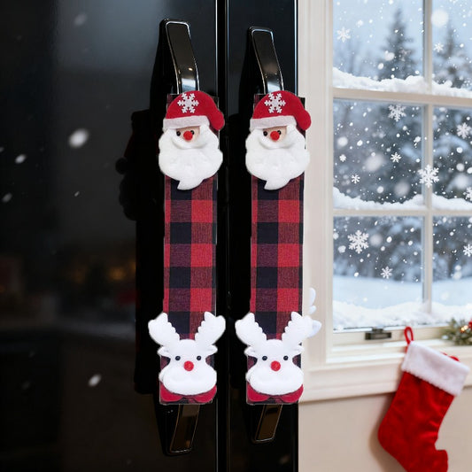 Festive Christmas Oven & Fridge Handle Cover with Plaid & Reindeer Antlers - Red/Green/Black Fabric Appliance, Battery-Free ic-like Fridge Door for Refrigerator & Stove (Compatible with Most Ovens) - Holiday Home