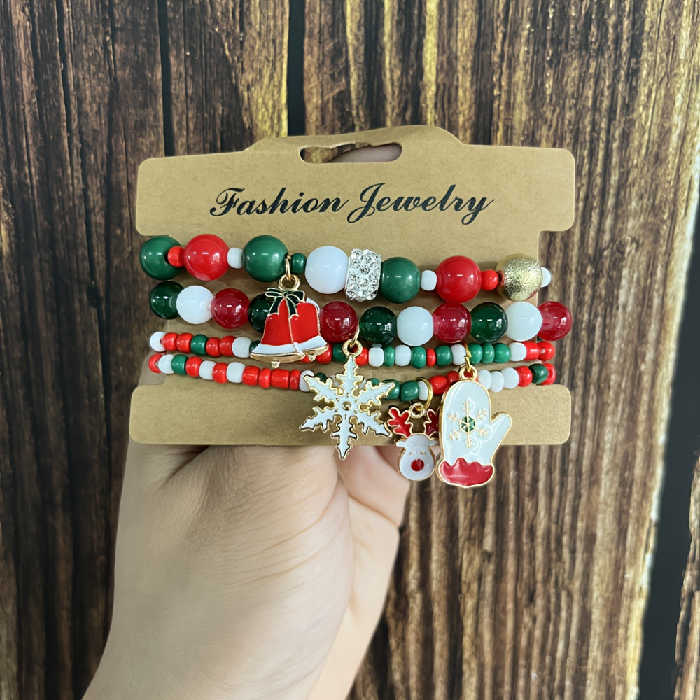 Christmas Charm Bracelet Set of 4 - Cute Holiday Santa, Reindeer, Glove Pendant - Daily Wear Fashion Jewelry - Perfect for Christmas Gift-Giving - Soft Clay Material - All Seasons Compatible