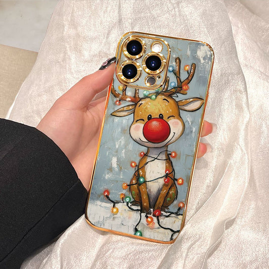 Festive hand-painted reindeer with colorful lights, warm winter vibe | PC hard case | Premium electroplating, lightweight design, comfortable grip highlights personality | Compatible with iPhone 17/ 16/ 15/ 14/ 13/ 12/ 11 Pro