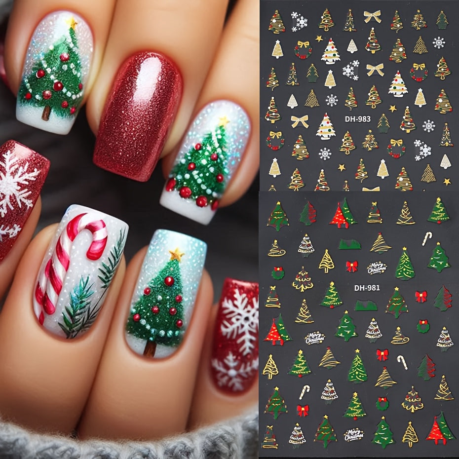 Christmas Nail Stickers with Green Tree, Red Bow & Golden Glitter