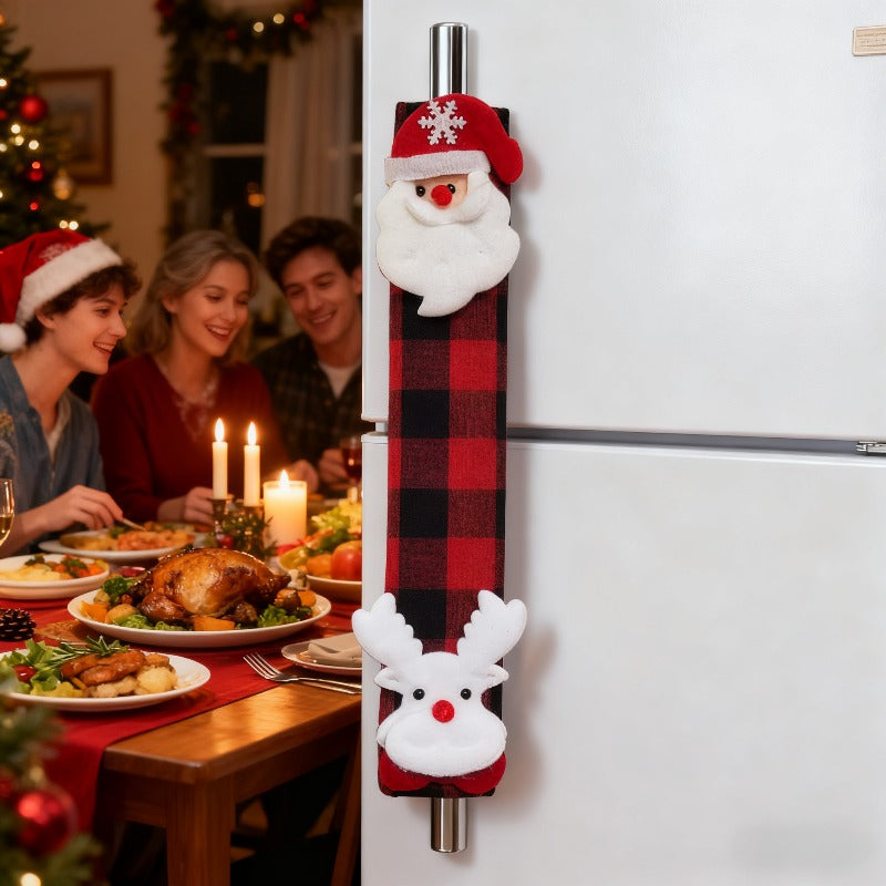 Festive Christmas Oven & Fridge Handle Cover with Plaid & Reindeer Antlers - Red/Green/Black Fabric Appliance, Battery-Free ic-like Fridge Door for Refrigerator & Stove (Compatible with Most Ovens) - Holiday Home