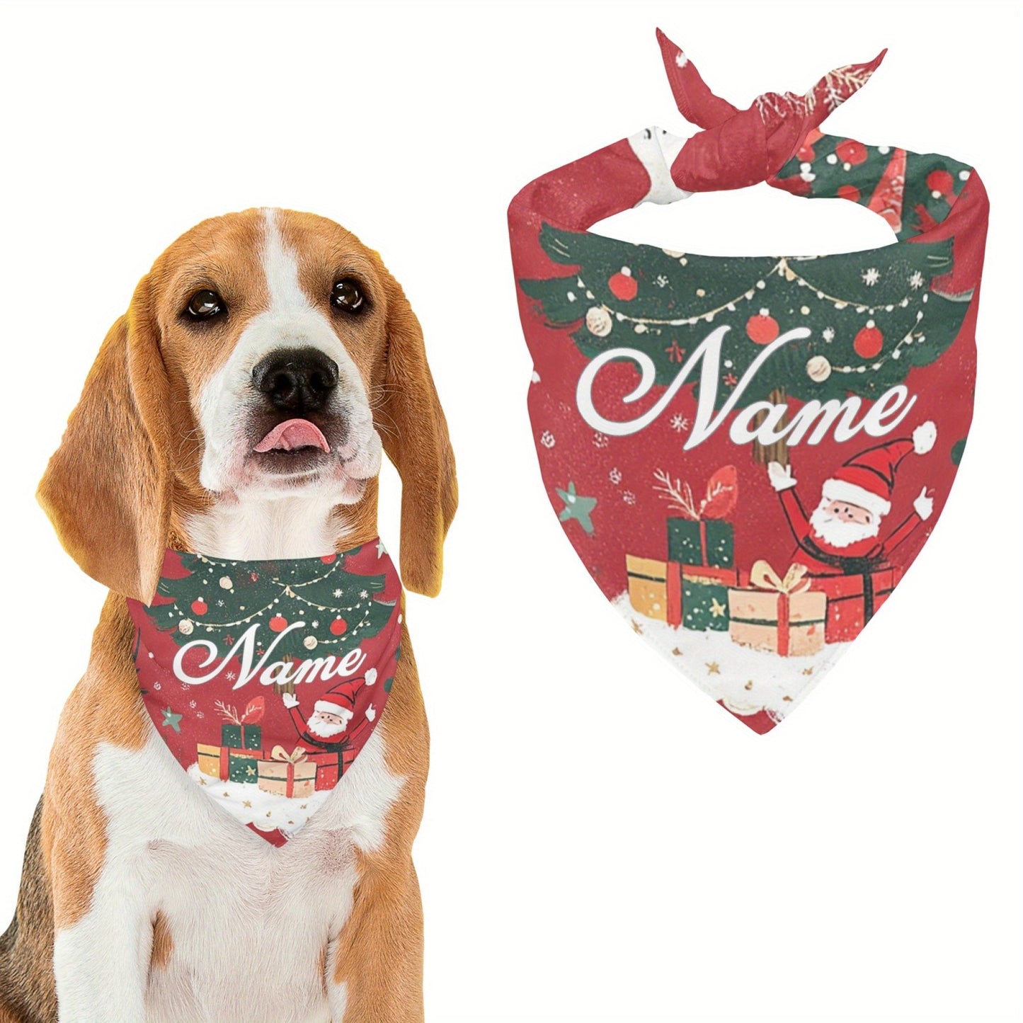 Personalized Christmas Pet Bandana – Santa & Tree Design Dog Scarf (S/M/L)