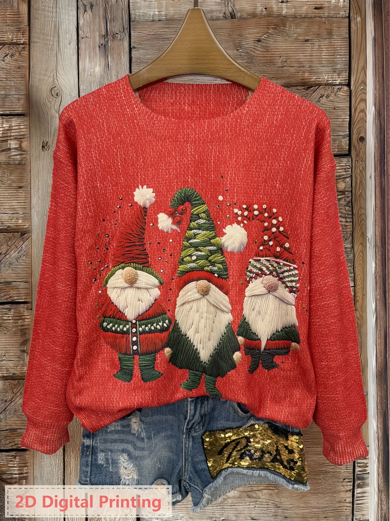 Women'S 3D Printed Long Sleeve Crew Neck Sweater - Ultra HD Gothic Raven & Santa Claus Design, Lightweight All-Over Print, Casual Elegant Style, Regular Fit