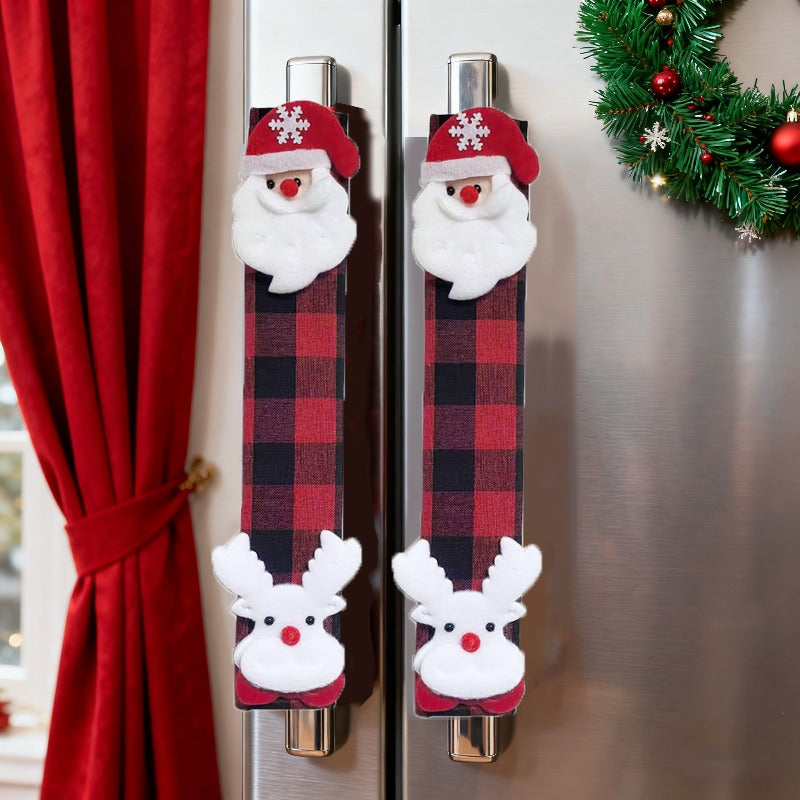 Festive Christmas Oven & Fridge Handle Cover with Plaid & Reindeer Antlers - Red/Green/Black Fabric Appliance, Battery-Free ic-like Fridge Door for Refrigerator & Stove (Compatible with Most Ovens) - Holiday Home