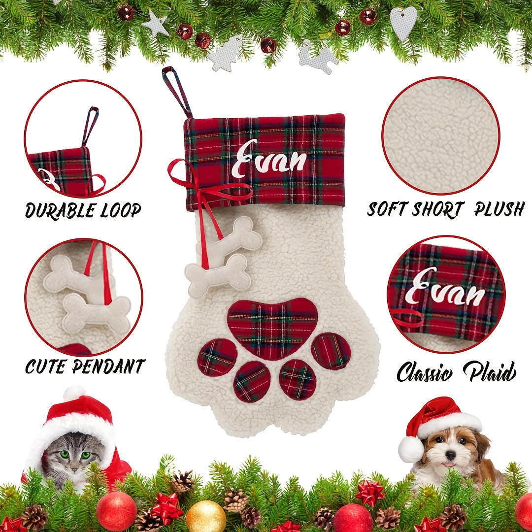 Personalized Christmas Stocking with Name – Santa & Paw Print Holiday Stocking