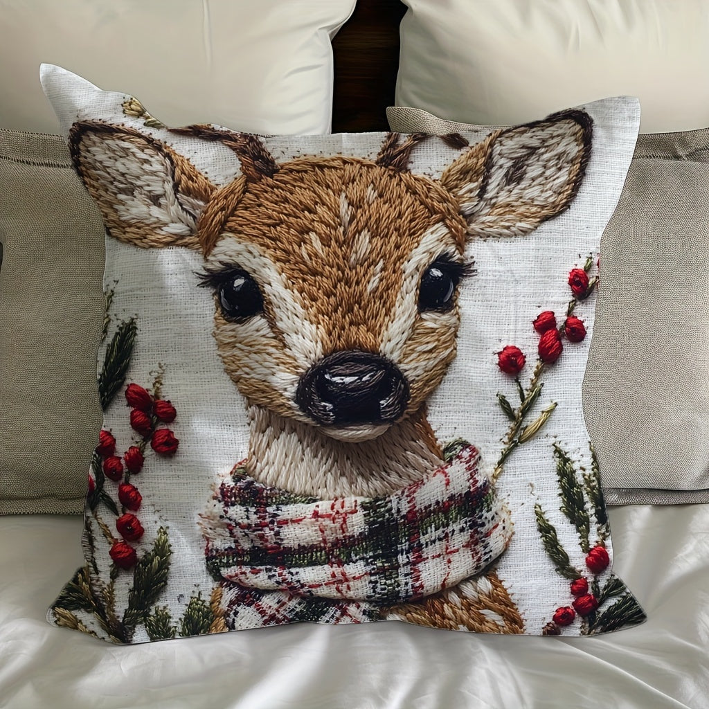 Christmas Reindeer Throw Pillow Cover – 45×45 cm Soft Plush Holiday Décor