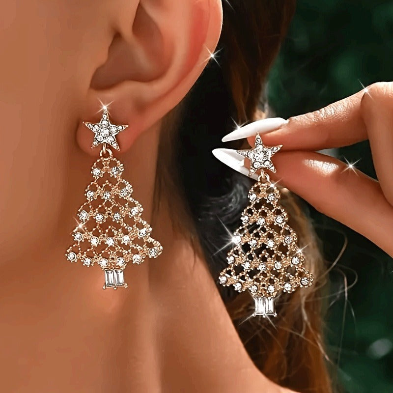 READKISS Women's Christmas Tree Drop Earrings, KC Golden Plated Synthetic Zirconia Elegant Holiday Jewelry, Luxury Gift for Women, Year-Round Wear for Christmas New Year's Everyday Formal Events, Festive Accessories