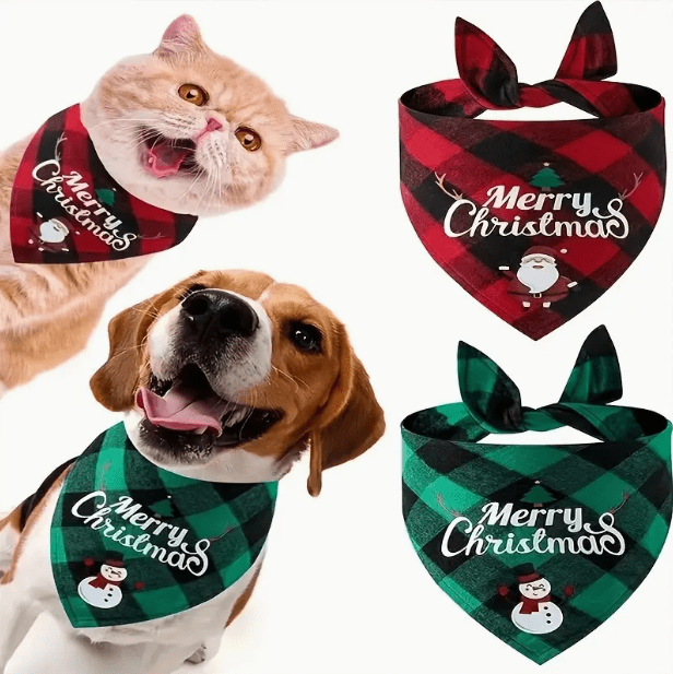 Christmas Dog Bandana- Santa Print& "Merry Christmas" Plaid Bib for Small/Medium Dogs- Adjustable Holiday Party Accessory- Festive Cozy Fit Pet Scarf