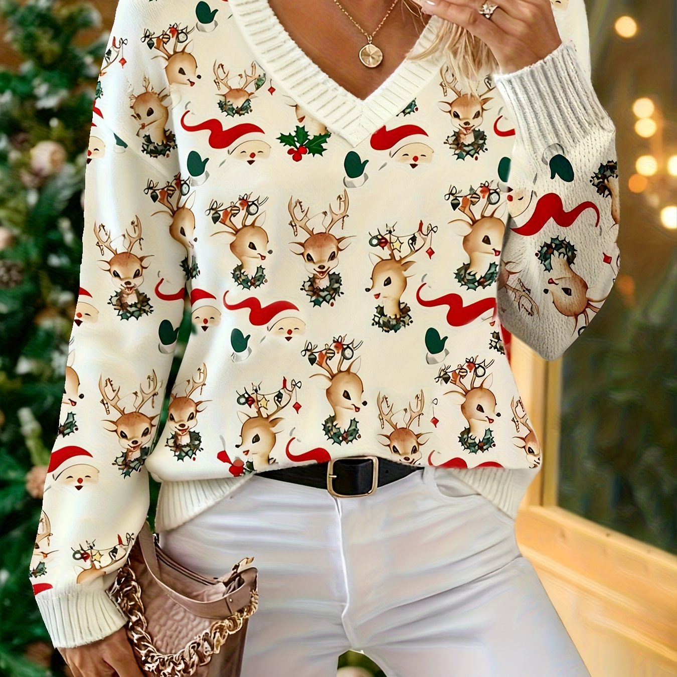 Cat Ear Directional Women'S Elegant V-Neck Christmas 3D Pullover | All Over Print, Fall/Winter Season