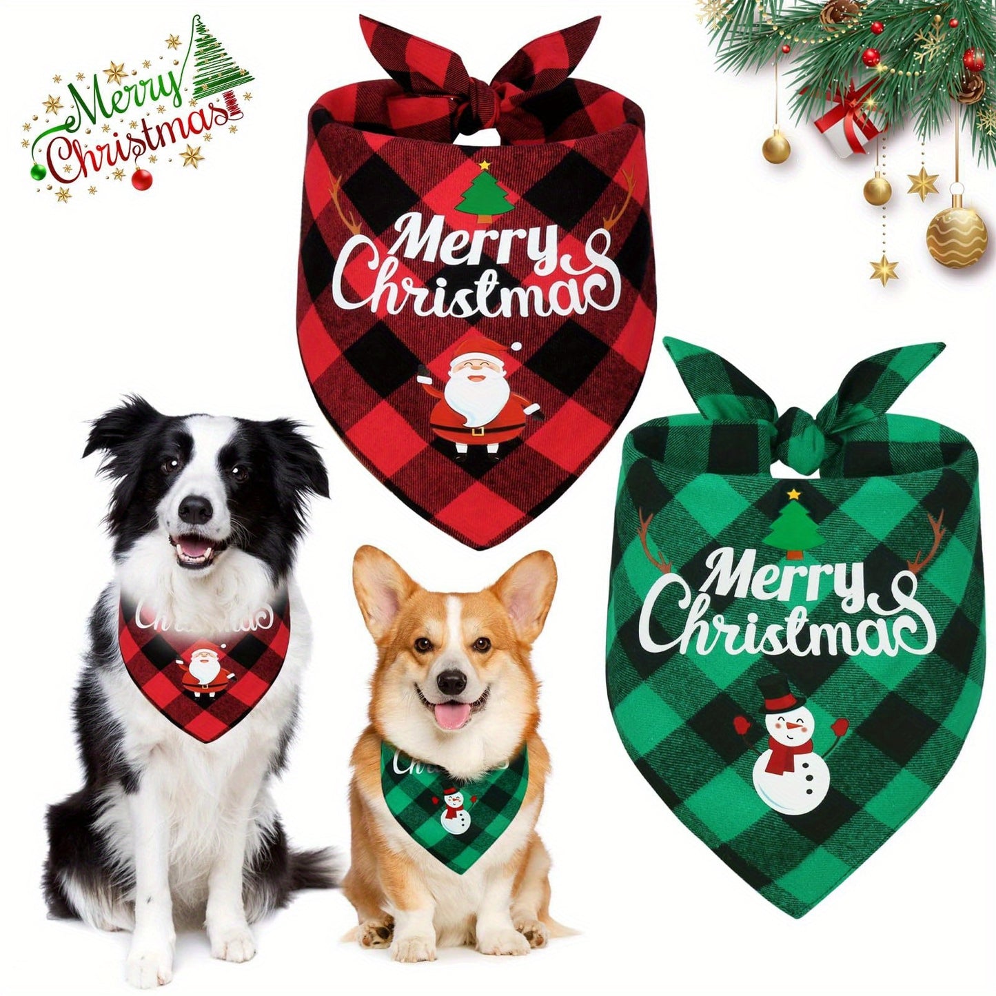 Christmas Dog Bandana- Santa Print& "Merry Christmas" Plaid Bib for Small/Medium Dogs- Adjustable Holiday Party Accessory- Festive Cozy Fit Pet Scarf