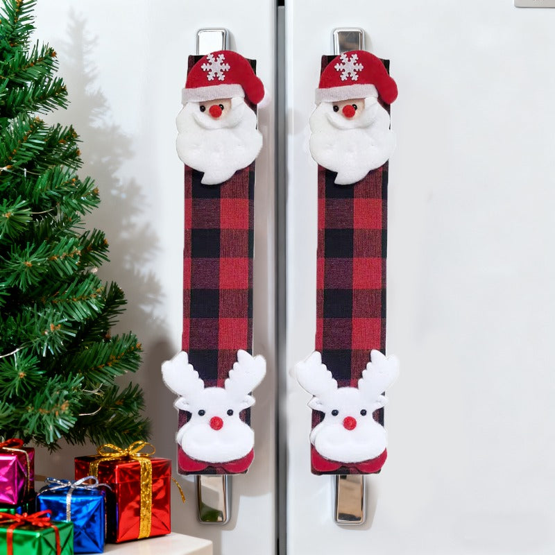 Festive Christmas Oven & Fridge Handle Cover with Plaid & Reindeer Antlers - Red/Green/Black Fabric Appliance, Battery-Free ic-like Fridge Door for Refrigerator & Stove (Compatible with Most Ovens) - Holiday Home