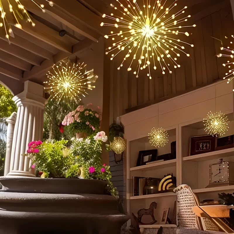 4/5pcs Hanging Solar Powered Outdoor Firework Lights, 240/360/450 LED Sparkling Starburst Sphere Lights, Warm White/Multicolor/White, 8 Modes Copper Wire Fairy Lights For Patio, Umbrella, Eave, Garden, Tree, Tent, Christmas,