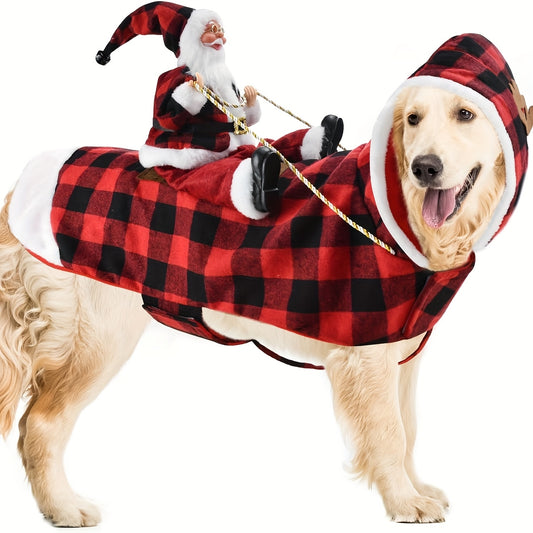 Dog & Cat Christmas Costume - Santa Claus Riding Hooded Coat with Plaid Winter Outfit, Magic Tape Closure, Soft Xmas Dog Clothes for Medium Dogs & Cats, Holiday Party Attire & Pet Photo Shoots
