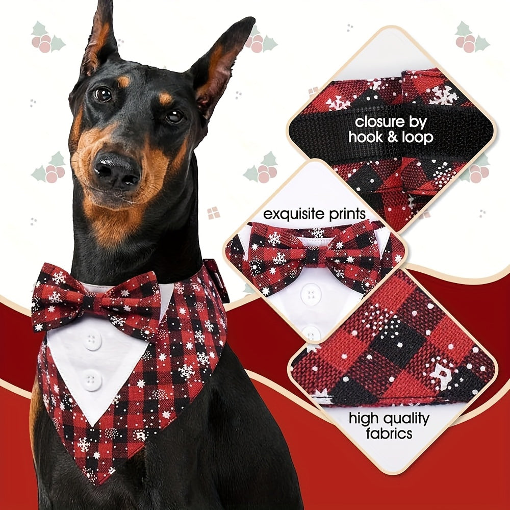 All-Season Dog Scarf with Bow Tie - Red & Black Plaid Winter Snow Pattern, Magic Tape Closure for Small/Medium/Large Dogs, Cute Pet Apparel for Christmas & New Year Gifts, Year-Round Wearable Accessory