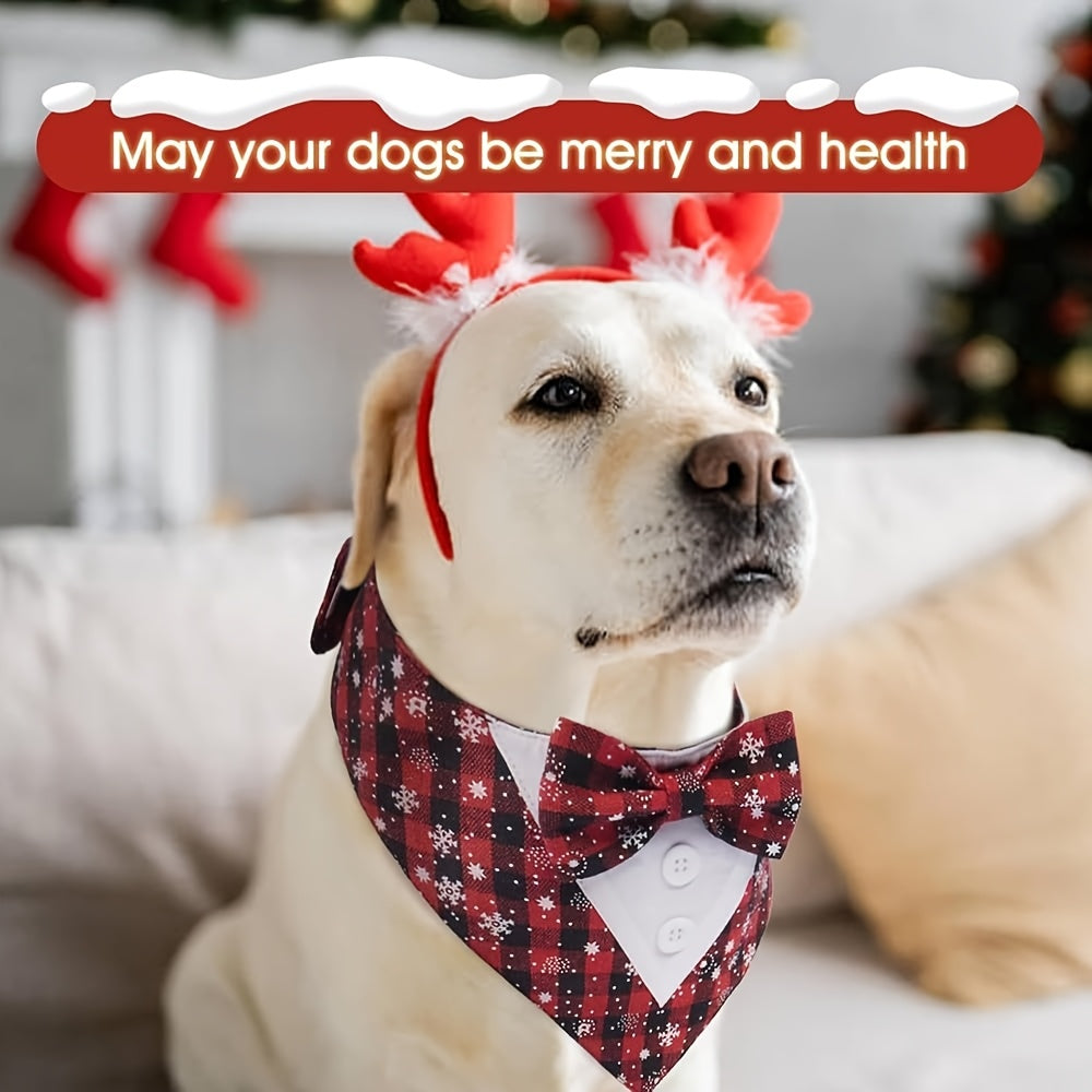 All-Season Dog Scarf with Bow Tie - Red & Black Plaid Winter Snow Pattern, Magic Tape Closure for Small/Medium/Large Dogs, Cute Pet Apparel for Christmas & New Year Gifts, Year-Round Wearable Accessory