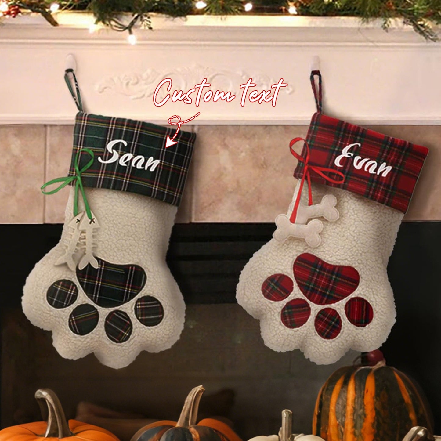 Personalized Christmas Stocking with Name – Santa & Paw Print Holiday Stocking