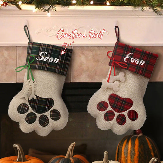 Personalized Christmas Stocking with Name – Santa & Paw Print Holiday Stocking