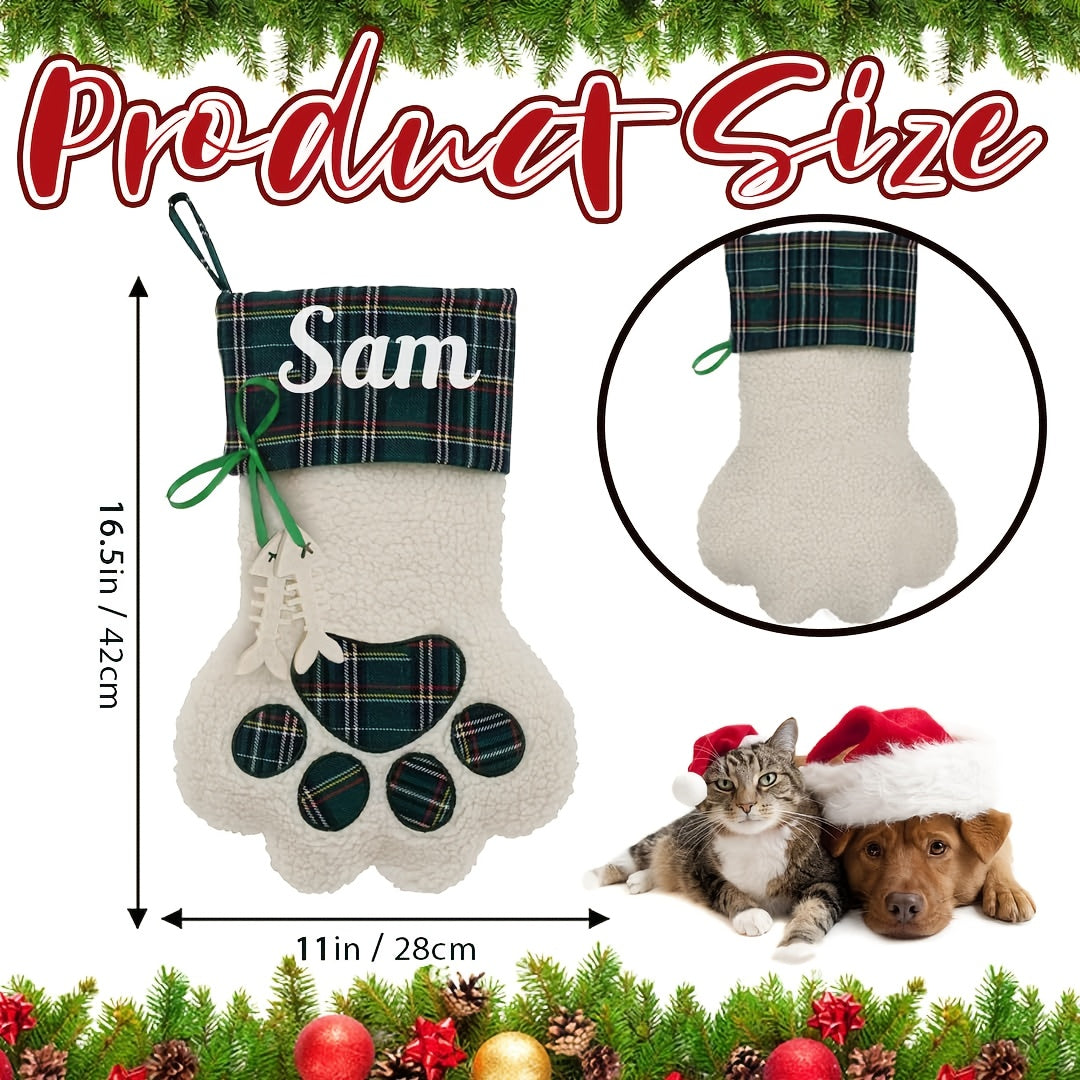 Personalized Christmas Stocking with Name – Santa & Paw Print Holiday Stocking